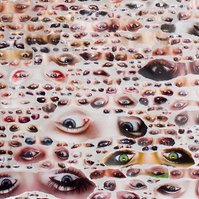 Close-up image of large collage artwork by Tasmanian contemporary artist Diane Allison of HALLISON Studios featuring dozens of hand torn images of eyes from fashion magazines against a white back ground entitled Glare.