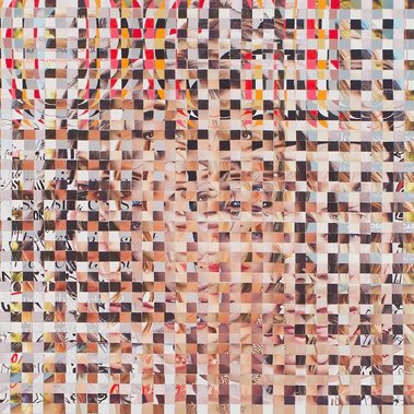 Fake Muse #1 is a large analogue collage by contemporary visual artist Diane Allison, HALLISON Studios, Tasmania. It is 9 different Vogue fashionmagazine covers gridded and sliced into tiny squares and arranged to make a pixelated super sized super model.
