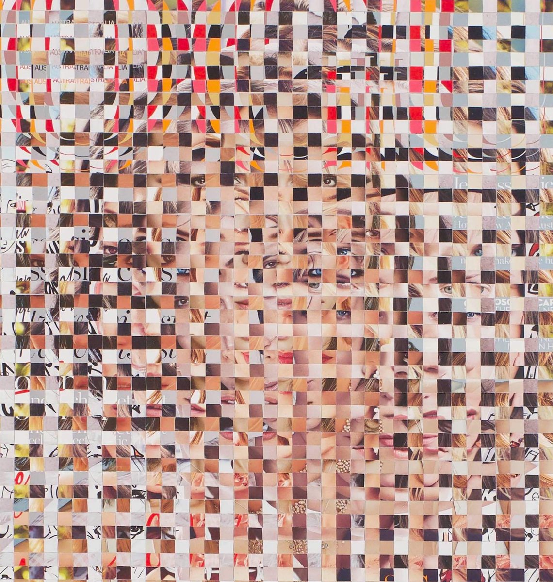 Close up of Fake Muse #1 a large collage art work by Tasmanian contemporary visual artist Diane Allison of HALLISON Studios made from hand cut squares of Vogue fashion magazine covers to form a large scale magazine cover.