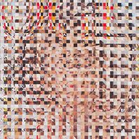 Close up of Fake Muse #1 a large collage art work by Tasmanian contemporary visual artist Diane Allison of HALLISON Studios made from hand cut squares of Vogue fashion magazine covers to form a large scale magazine cover.