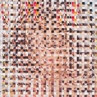 Close up of Fake Muse #1 a large collage art work by Tasmanian contemporary visual artist Diane Allison of HALLISON Studios made from hand cut squares of Vogue fashion magazine covers to form a large scale magazine cover.