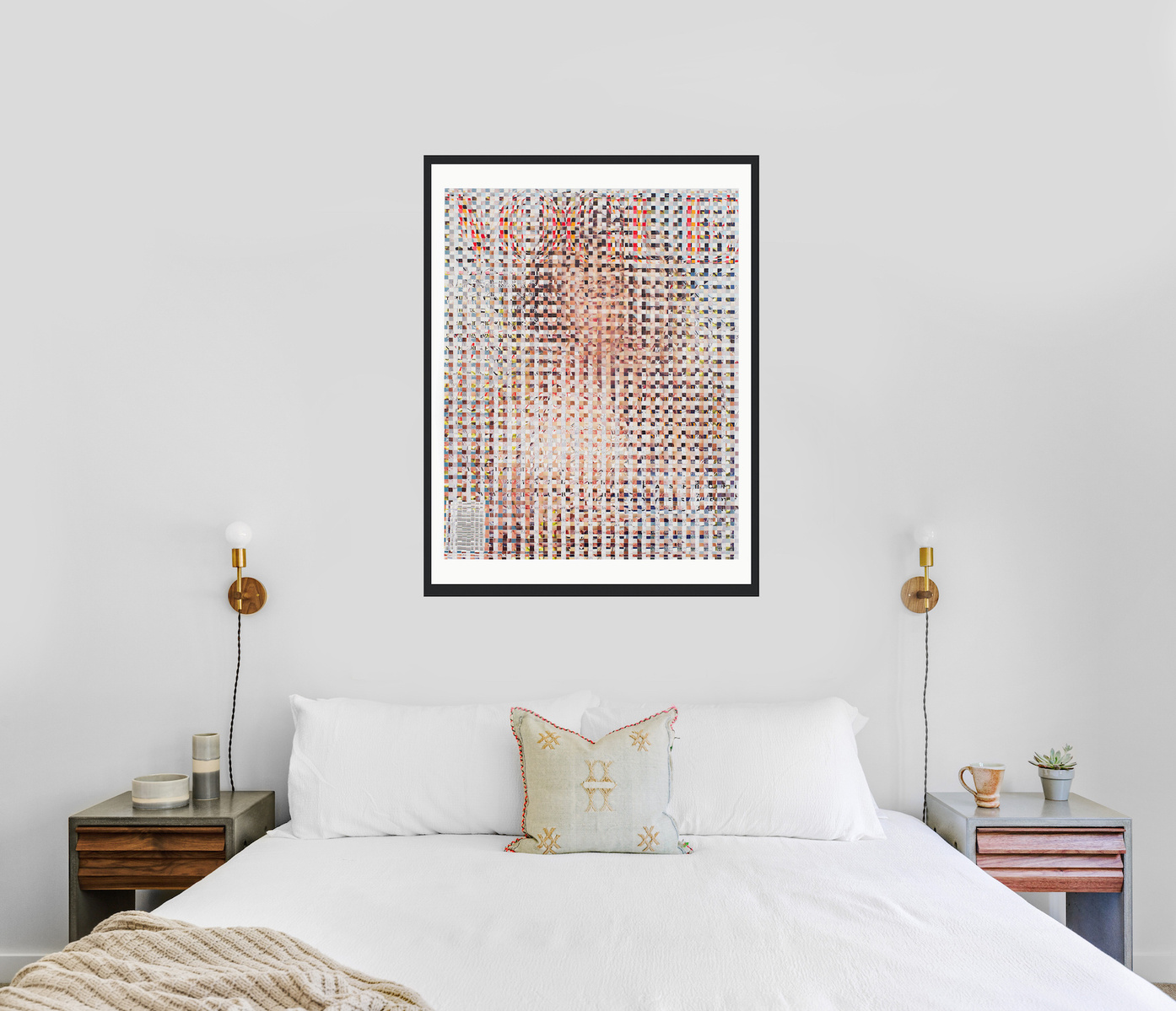 In-situ photo in white bedroom interior of Fake Muse #1, large collage art work by Tasmanian contemporary visual artist Diane Allison of HALLISON Studios made from hand cut squares of Vogue fashion magazine covers to form a large up scaled magazine cover.