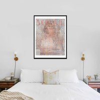 In-situ photo in white bedroom interior of Fake Muse #1, large collage art work by Tasmanian contemporary visual artist Diane Allison of HALLISON Studios made from hand cut squares of Vogue fashion magazine covers to form a large up scaled magazine cover.