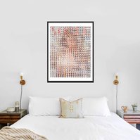 In-situ photo in white bedroom interior of Fake Muse #1, large collage art work by Tasmanian contemporary visual artist Diane Allison of HALLISON Studios made from hand cut squares of Vogue fashion magazine covers to form a large up scaled magazine cover.