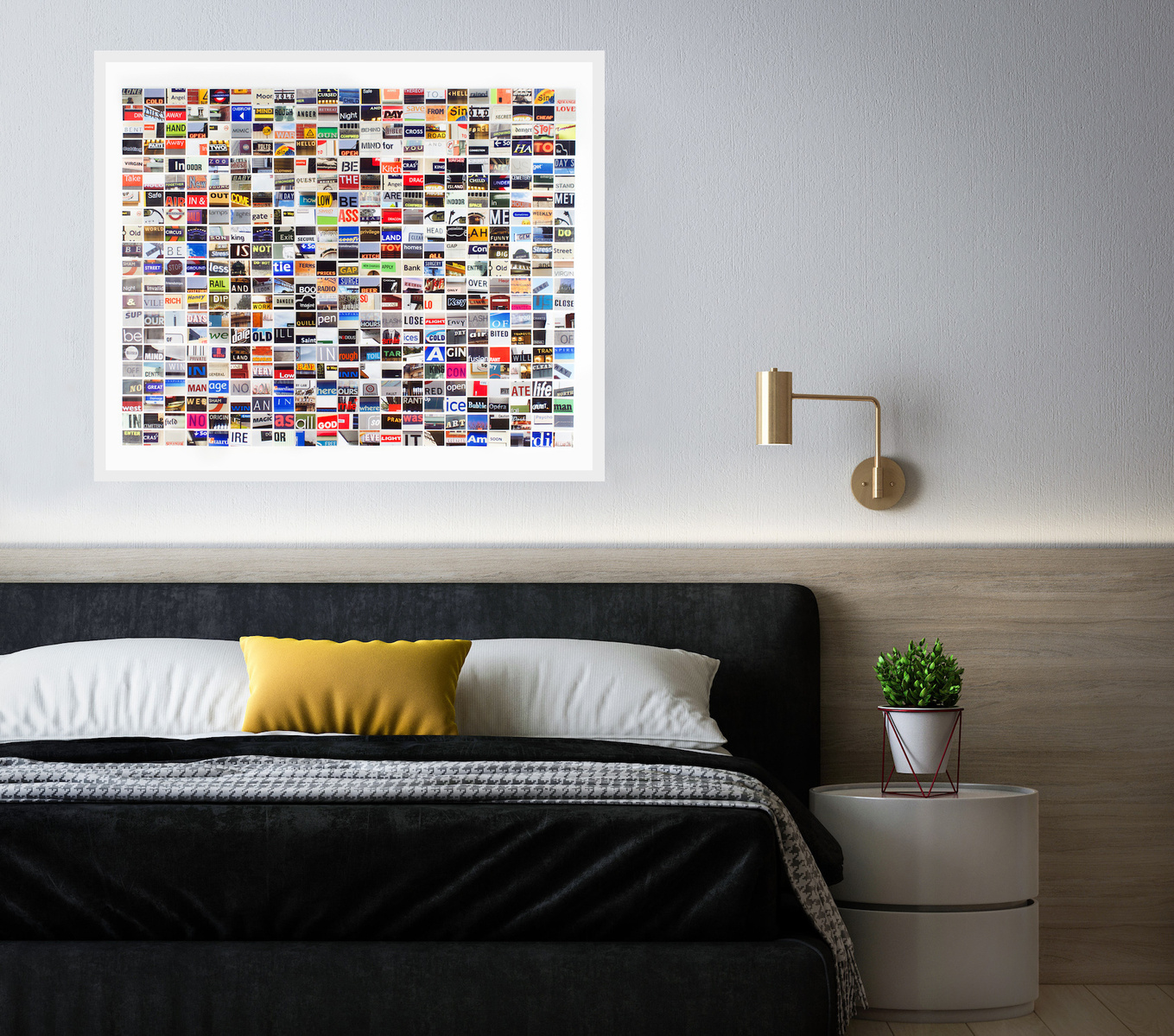 In-situ contemporary art in a bedroom. Lone Cold Angel - photographic grid of hand cut prints of street signage words by visual artist Diane Allison HALLISON Studios Tasmania.  Colourful grid of words is a type of narrative, concrete poetry, poem, prose.