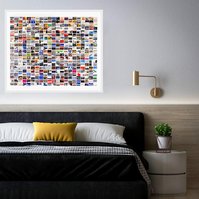 In-situ contemporary art in a bedroom. Lone Cold Angel - photographic grid of hand cut prints of street signage words by visual artist Diane Allison HALLISON Studios Tasmania.  Colourful grid of words is a type of narrative, concrete poetry, poem, prose.