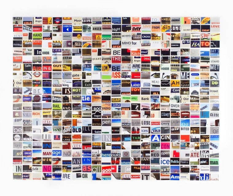 Lone Cold Angel is a large photographic grid of hand cut prints of street signage words by contemporary visual artist Diane Allison, HALLISON Studios in Tasmania.  The colourful grid of words forms a type of narrative, concrete poetry, poem, prose.