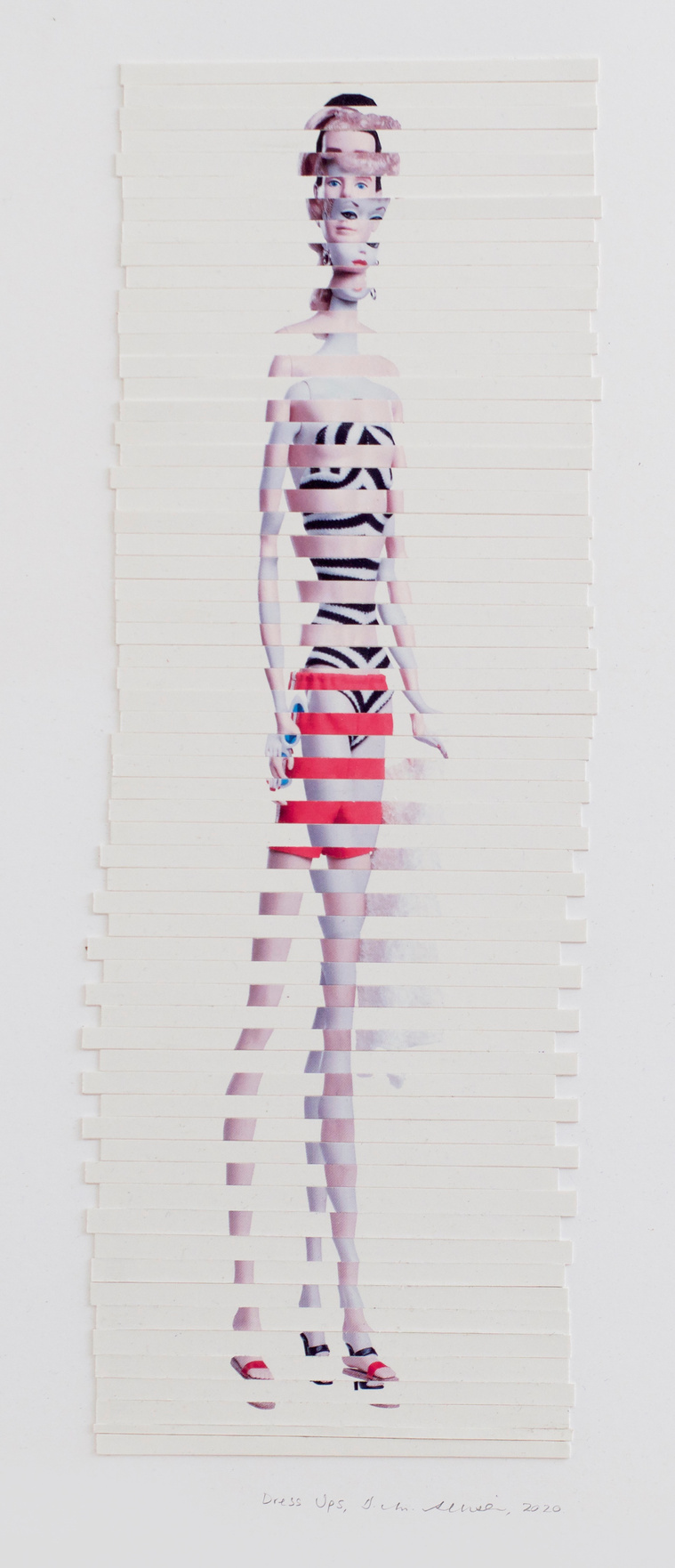 Dress Ups collage from postcards of original Mattel 1959 Barbie doll and 1961 Ken doll in striped bathing suit, red trunks, swimwear. Sliced to form one doll. Made by contemporary visual artist Di Allison/Diane Allison,  HALLISON Studios, Tasmania.