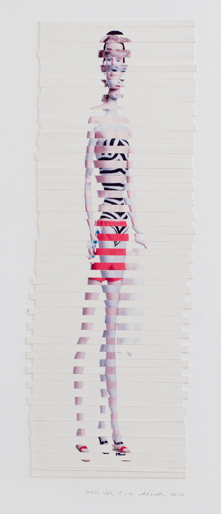 Dress Ups collage from postcards of original Mattel 1959 Barbie doll and 1961 Ken doll in striped bathing suit, red trunks, swimwear. Sliced to form one doll. Made by contemporary visual artist Di Allison/Diane Allison,  HALLISON Studios, Tasmania.