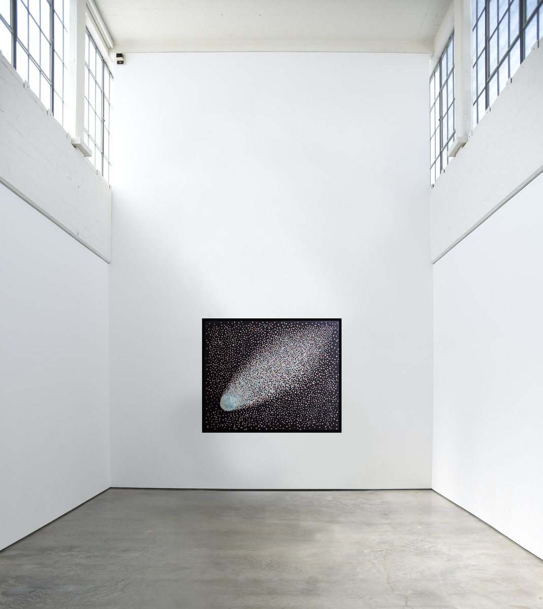 Dust to Dust is a large collage by visual artist Di Allison HALLISON Studios, Tasmania.  Contemporary art featuring a National Geographic magazine world map ripped into small pieces like a comet in a night sky. In-situ on an industrial white gallery wall.
