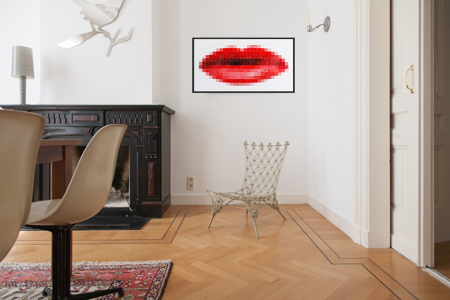 In-situ art, designer living room, floor boards, fire place. Pout #4 large collage of photographs of the artist's red lips wearing lipstick forming one large mouth on white background. By Tasmanian contemporary visual artist Di Allison HALLISON Studios.