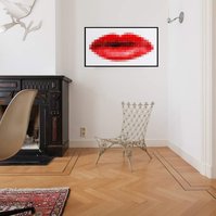 In-situ art, designer living room, floor boards, fire place. Pout #4 large collage of photographs of the artist's red lips wearing lipstick forming one large mouth on white background. By Tasmanian contemporary visual artist Di Allison HALLISON Studios.