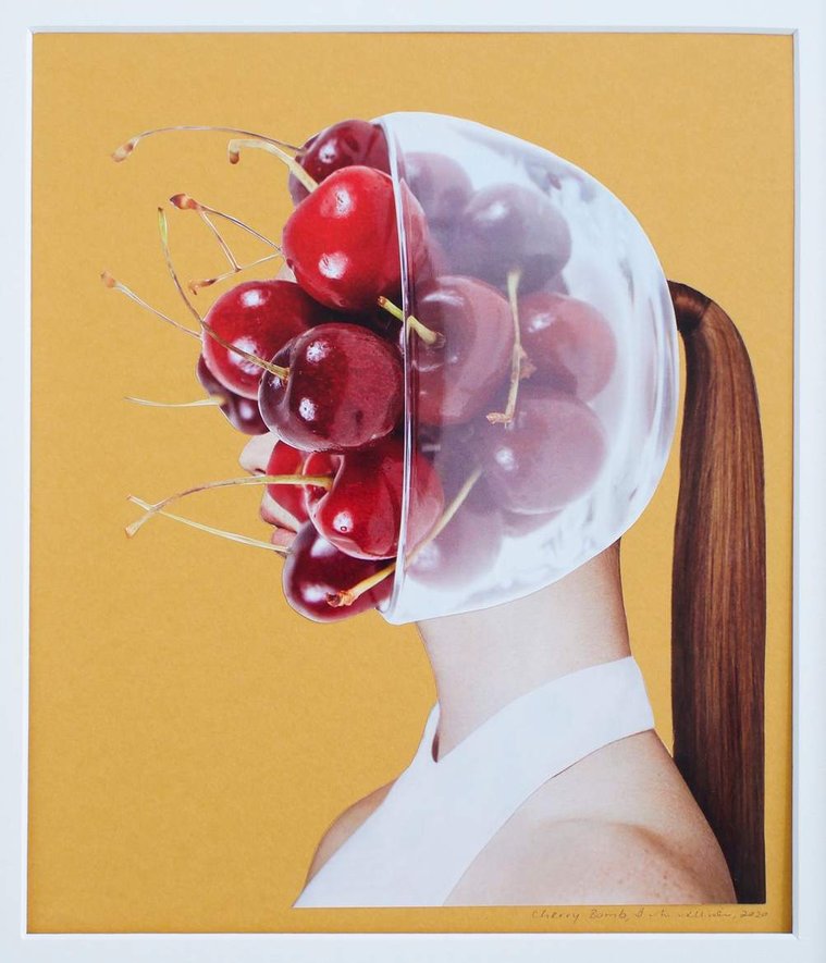 Contemporary art by Di Allison, HALLISON Studios, Tasmania, online gallery store.  Cherry Bomb is a collage of a fashion model's portrait in a white sleeveless top with an auburn ponytail with a glass bowl of red cherries as her head and face.