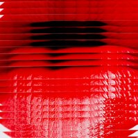 Close-up detail of Pout #3 a collage of photographs of lips, wearing red lipstick, sliced and arranged to form a long mouth by contemporary art  by visual artist Diane Allison HALLISON Studios Tasmania.