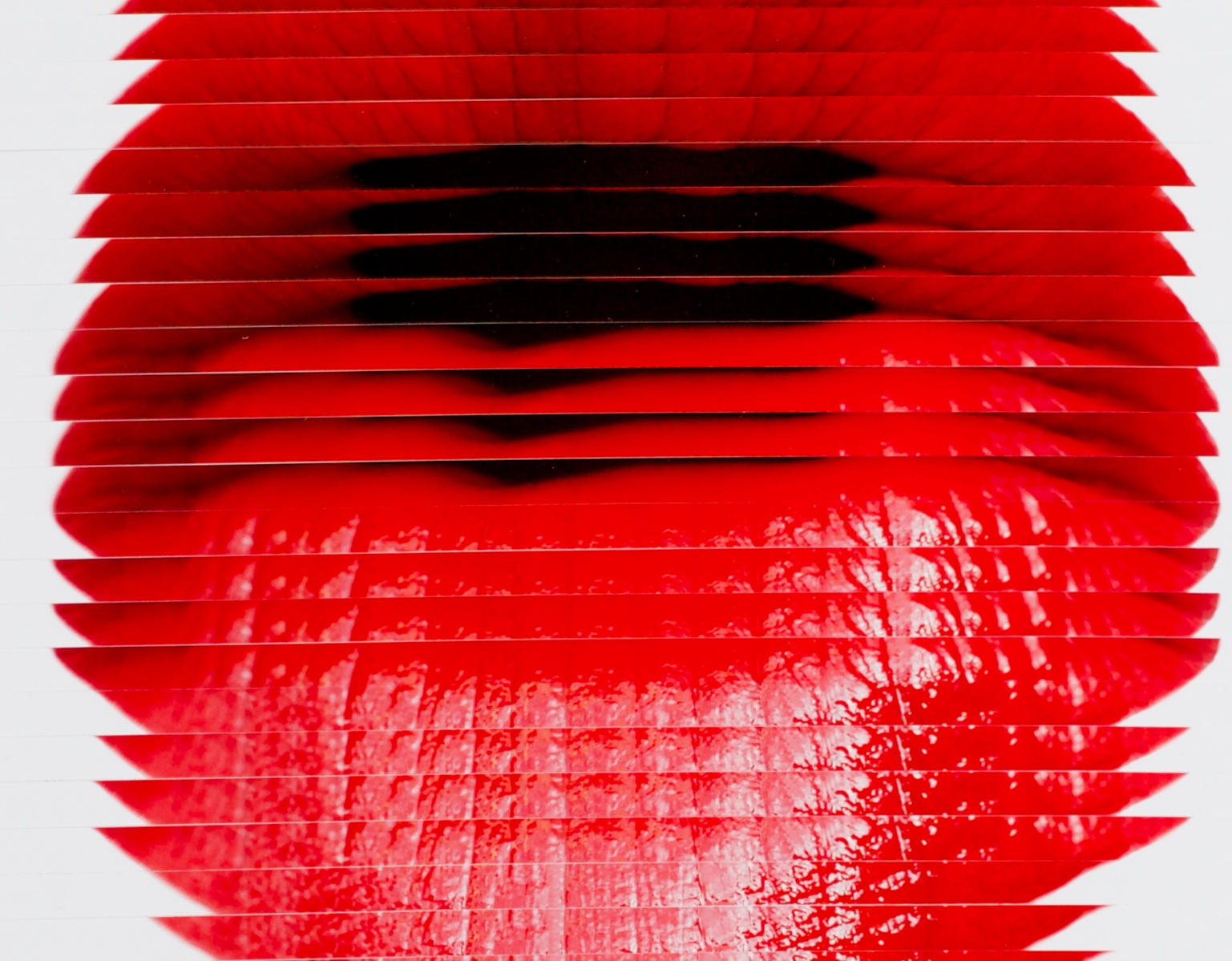 Close-up detail of Pout #3 a collage of photographs of lips, wearing red lipstick, sliced and arranged to form a long mouth by contemporary art  by visual artist Diane Allison HALLISON Studios Tasmania.