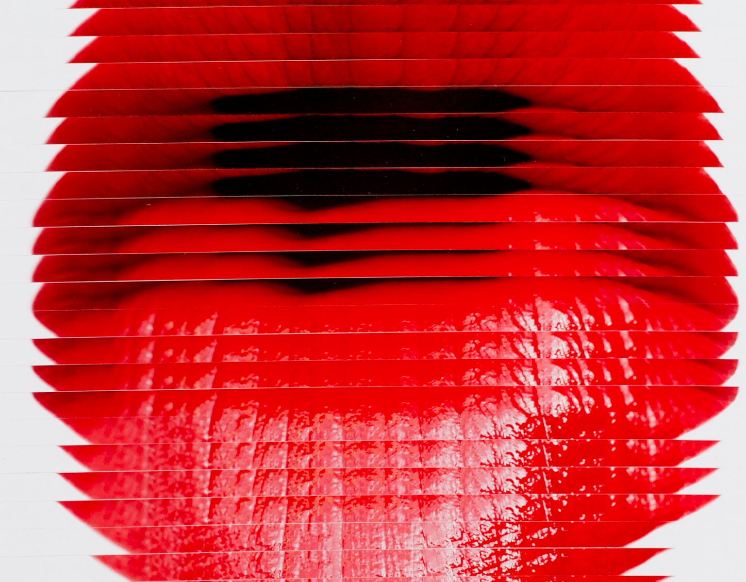 Close-up detail of Pout #3 a collage of photographs of lips, wearing red lipstick, sliced and arranged to form a long mouth by contemporary art  by visual artist Diane Allison HALLISON Studios Tasmania.