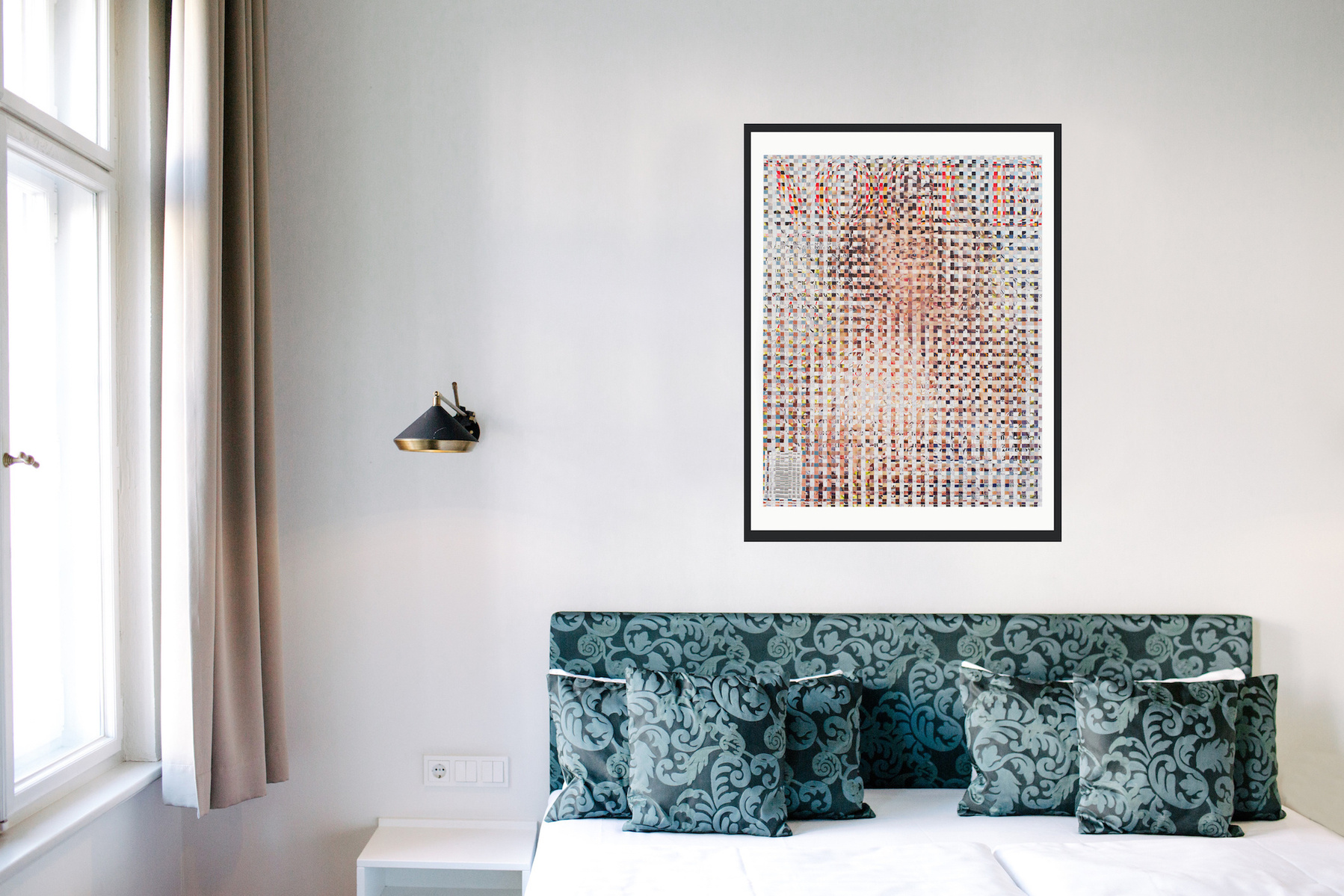 In-situ art in a bedroom with green pillows, Fake Muse #2 a large collage by Tasmanian contemporary visual artist Diane Allison, HALLISON Studios made of hand cut squares of Elle fashion magazine covers which form a large up scaled magazine cover.