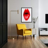 Pout #3 a collage of photographs of lips, wearing red lipstick, sliced and arranged to form a long mouth in-situ in a designer living room with yellow chair, gold metal floor lamp. Contemporary art  by visual artist Diane Allison HALLISON StudiosTasmania.