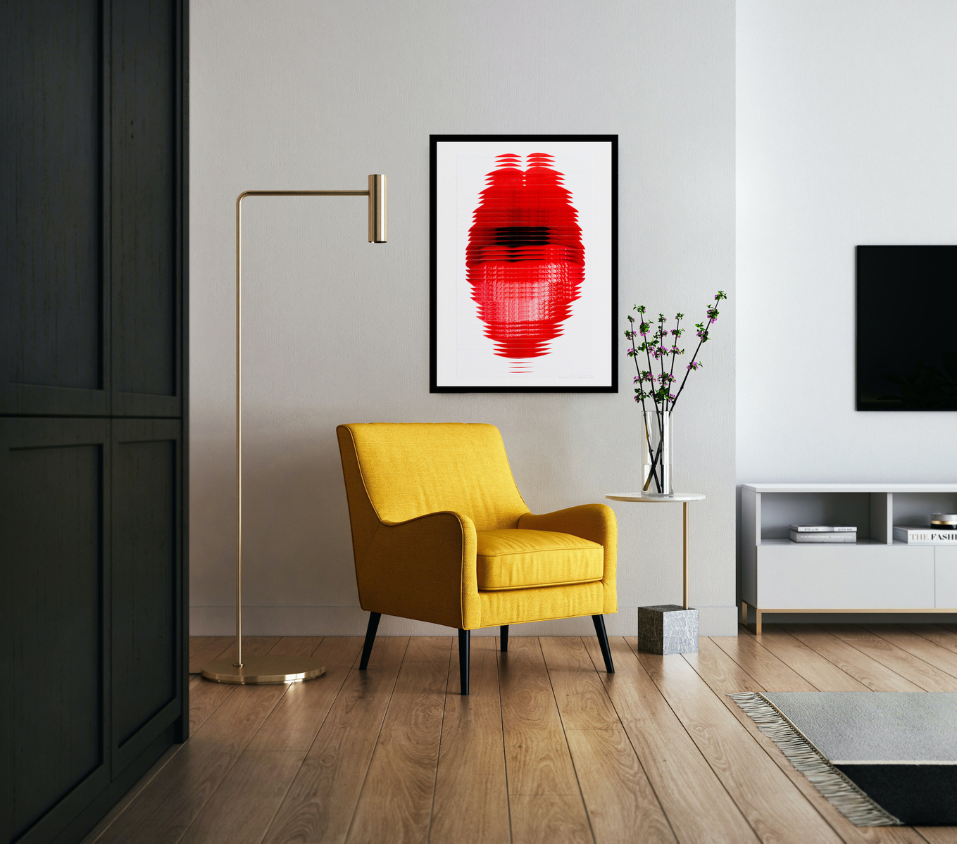 Pout #3 a collage of photographs of lips, wearing red lipstick, sliced and arranged to form a long mouth in-situ in a designer living room with yellow chair, gold metal floor lamp. Contemporary art  by visual artist Diane Allison HALLISON StudiosTasmania.