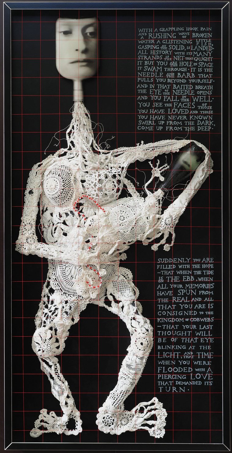 The Eye of the Needle - a sculpture by contemporary artist Patrick Hall, HALLISON Studios, online gallery. Portrait of a mother and child/baby. Made using white vintage lace and spirit bottles with faces. Engraved with poetry. 