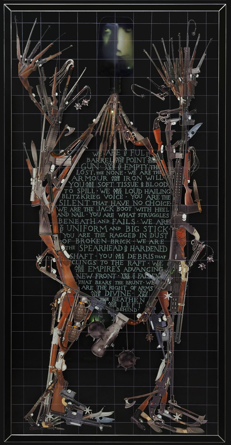 The Right of Arms, contemporary art by artist Patrick Hall, HALLISON Studios, Tasmania, online gallery. Sculptural portrait of a man, body is a collage of weapons, missiles, bombs. Face of Napoleon from the silent French film. Engraved with poetry.