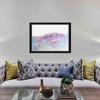 In-situ contemporary art in lux living room. Di Allison, HALLISON Studios, Tasmania. Business stamps eg not negotiable, urgent, paid, fragile, on paper, shaped like Kunanyi Mt. Wellington in blue, red, green, black - environmental art, cable car debate.  