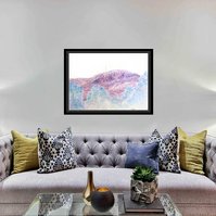 In-situ contemporary art in lux living room. Di Allison, HALLISON Studios, Tasmania. Business stamps eg not negotiable, urgent, paid, fragile, on paper, shaped like Kunanyi Mt. Wellington in blue, red, green, black - environmental art, cable car debate.  