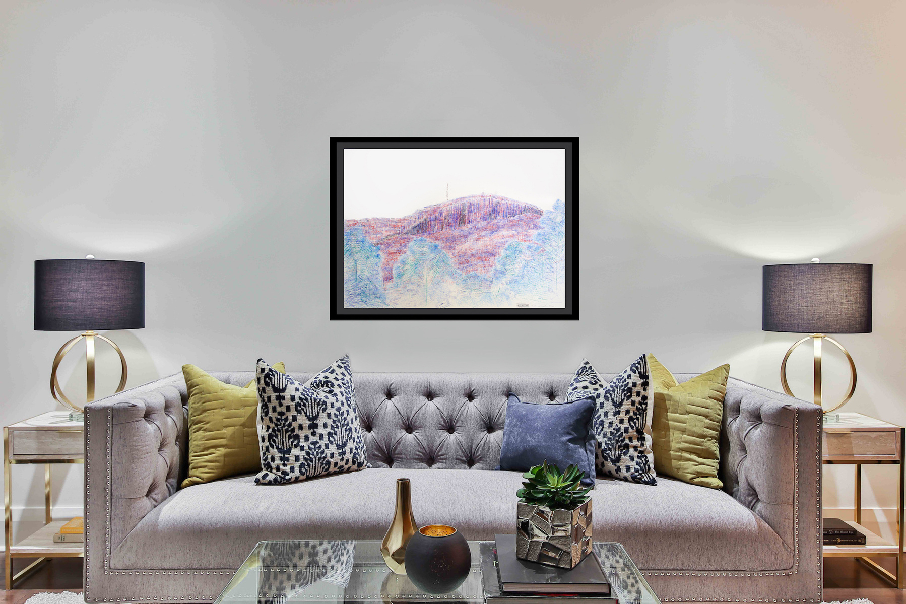 In-situ contemporary art in lux living room. Di Allison, HALLISON Studios, Tasmania. Business stamps eg not negotiable, urgent, paid, fragile, on paper, shaped like Kunanyi Mt. Wellington in blue, red, green, black - environmental art, cable car debate.  