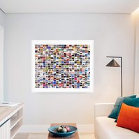 In-situ contemporary art in a living room. Lone Cold Angel - grid of small hand cut photos of street signage words by visual artist Diane Allison HALLISON Studios Tasmania.  Colourful grid of words is a type of narrative, concrete poetry, poem, prose.