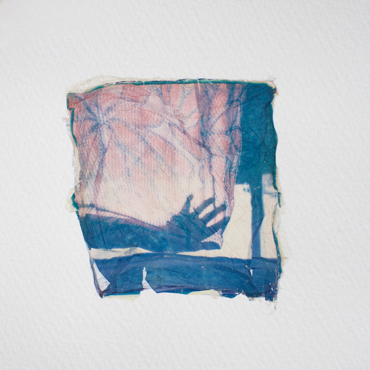Fine art photography by Diane Allison, HALLISON Studios, Tasmania, online gallery store. Disappear is a Polaroid SX-70 colour film emulsion lift on water colour paper.  Image with a fragile mood. Silhouette of a hand and fabric near a window.