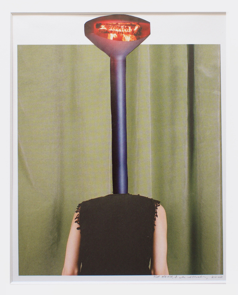 Collage entitled Hot Head of a woman's shoulders with a suspended style metal wood fire place and flue as her head against a green background. The fire and grate appears to be her grinning face.Di Allison, HALLISON Studios, Tasmania, online gallery.