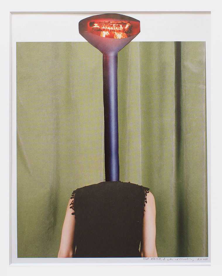Collage entitled Hot Head of a woman's shoulders with a suspended style metal wood fire place and flue as her head against a green background. The fire and grate appears to be her grinning face.Di Allison, HALLISON Studios, Tasmania, online gallery.