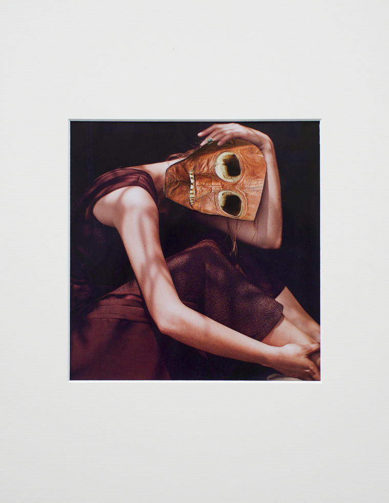 Contemporary art by Diane Allison, HALLISON Studios, Tasmania, online gallery store. Waiting is an analogue collage of a fashion model in sleeveless dress, seated with her head resting on her arm, her face is a WW2 gas mask and skull.