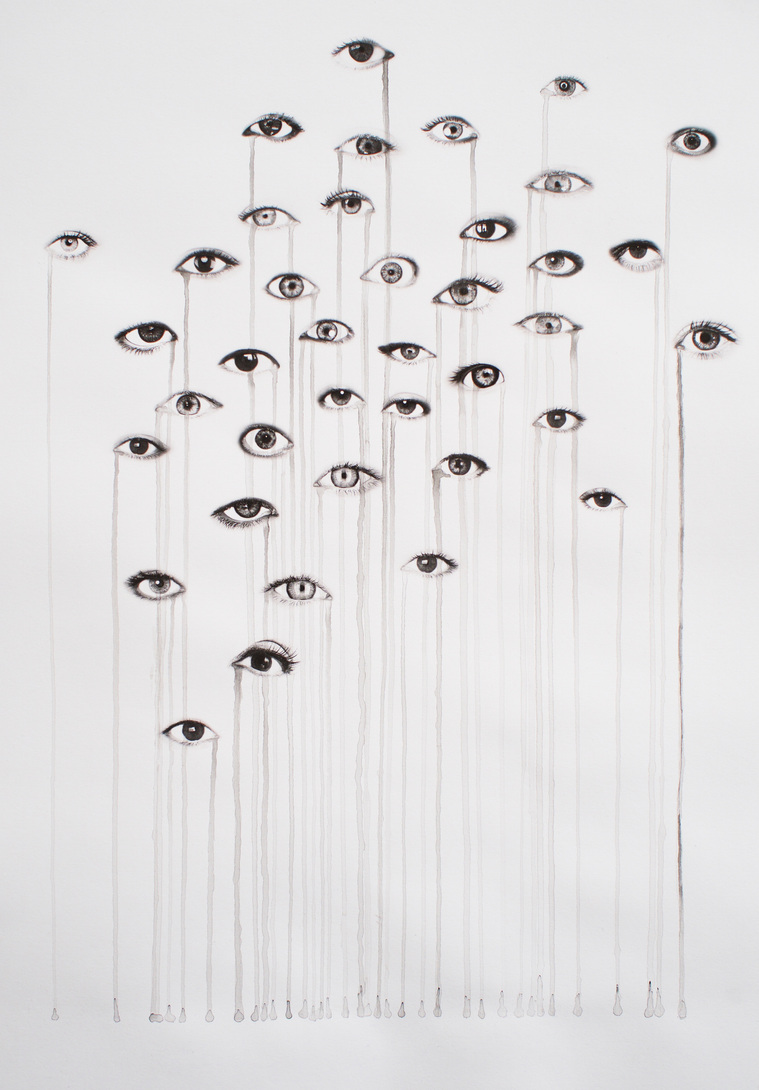 Black and white pigment print of eyes with Indian ink tears running down from each suspended eye like tears. A contemporary artwork by artist Di Allison, HALLISON Studios, Tasmania, online gallery store, entitled Flood - like a flood of tears.