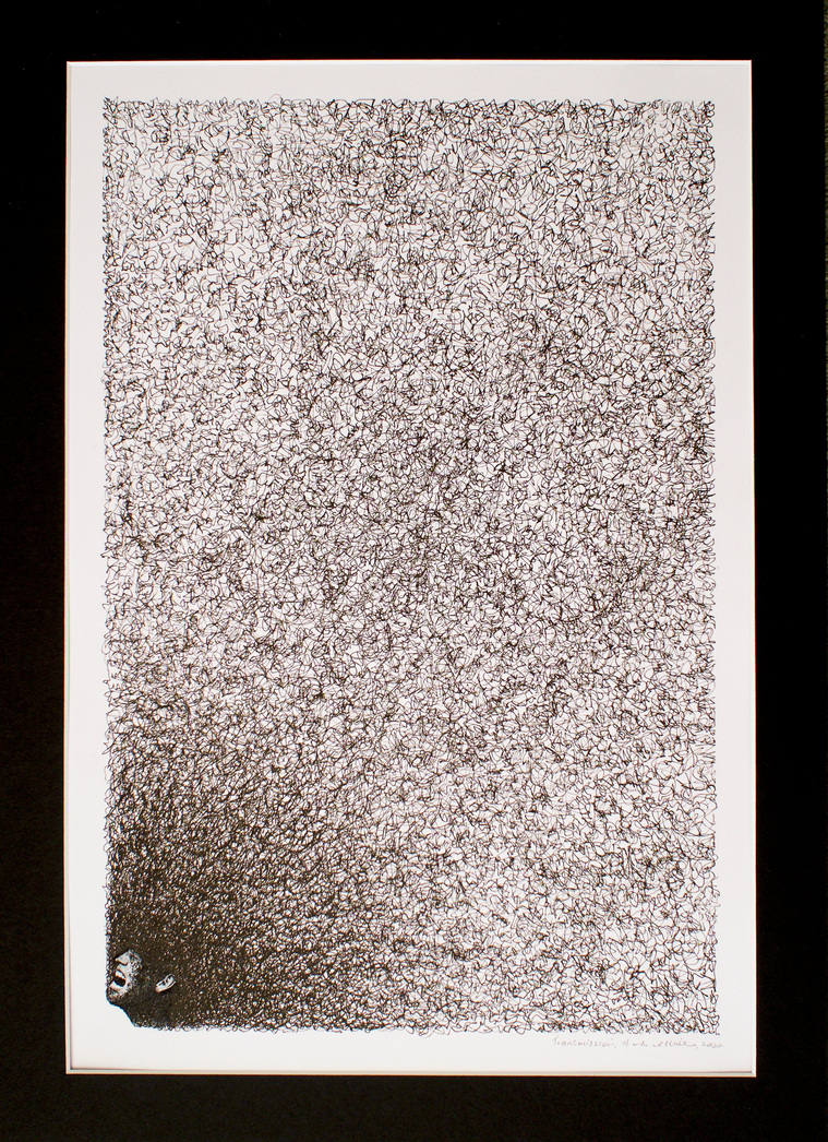 Transmission fine art print and drawing by contemporary artist Diane Allison, HALLISON Studios, Tasmania, online gallery store.  Features a small digital print of a woman's face screaming and scribbles and drawing in black ink on white paper.