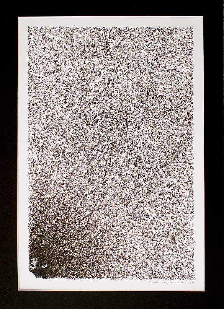 Transmission fine art print and drawing by contemporary artist Diane Allison, HALLISON Studios, Tasmania, online gallery store.  Features a small digital print of a woman's face screaming and scribbles and drawing in black ink on white paper.