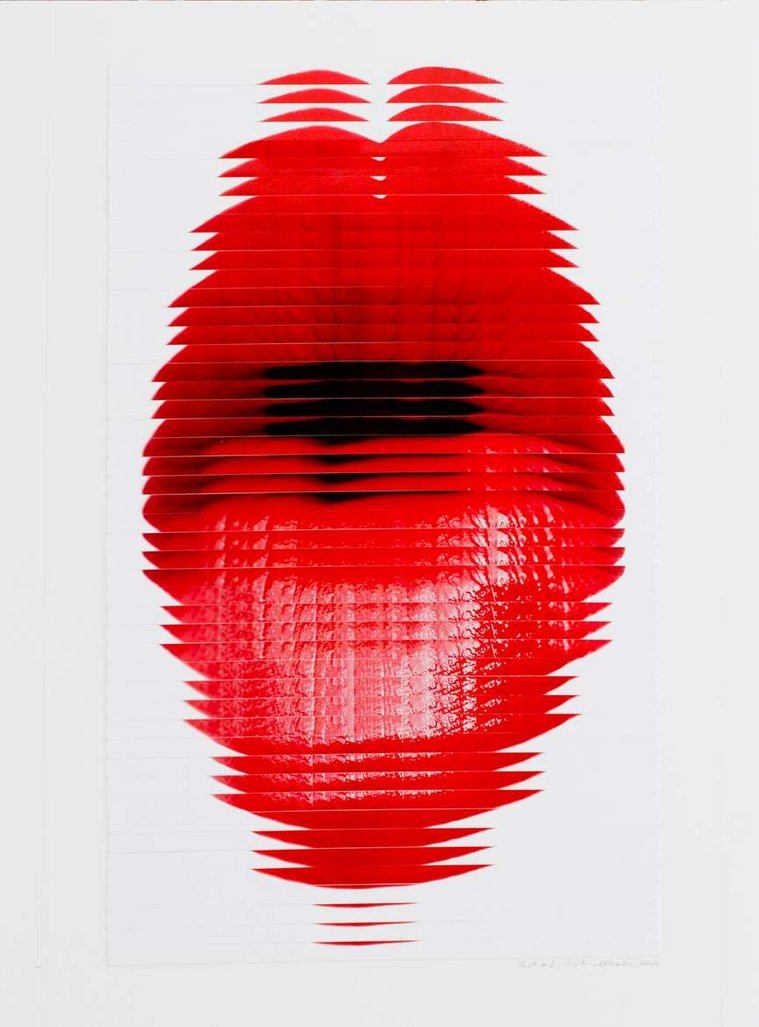 Pout #3 a large collage of photographs of the artist's lips, wearing red lipstick, sliced and arranged to form a long mouth on a white background.  Made by contemporary visual artist Diane Allison, HALLISON Studios, Tasmania.