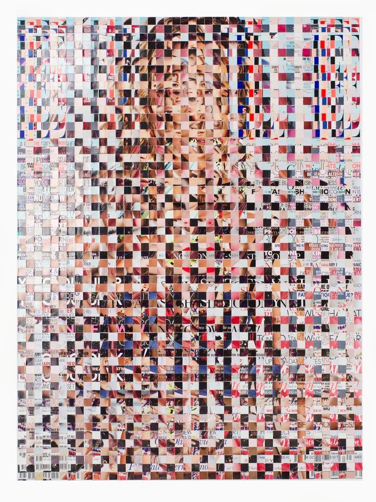 Large collage by contemporary visual artist Di Allison of HALLISON Studios, Tasmania featuring a gird of hundreds of squares cut from Elle magazine covers to form a large scale magazine cover.