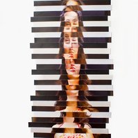Detail of faces in Five Foot Nine 5'9 a collage of sliced photographic self portraits in catwalk poses arranged to the height of a fashion model by visual artist Diane Allison, HALLISON Studios, Tasmania/lutruwita