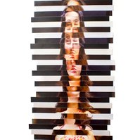 Detail of faces in Five Foot Nine 5'9 a collage of sliced photographic self portraits in catwalk poses arranged to the height of a fashion model by visual artist Diane Allison, HALLISON Studios, Tasmania/lutruwita