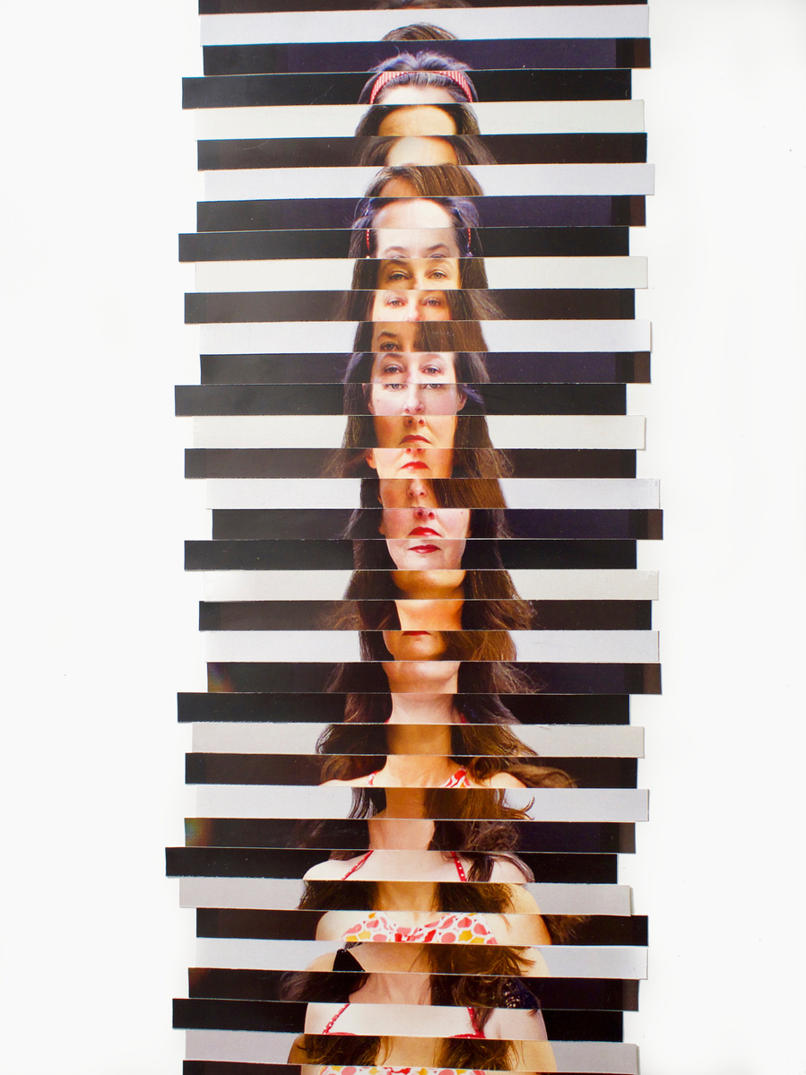 Detail of faces in Five Foot Nine 5'9 a collage of sliced photographic self portraits in catwalk poses arranged to the height of a fashion model by visual artist Diane Allison, HALLISON Studios, Tasmania/lutruwita