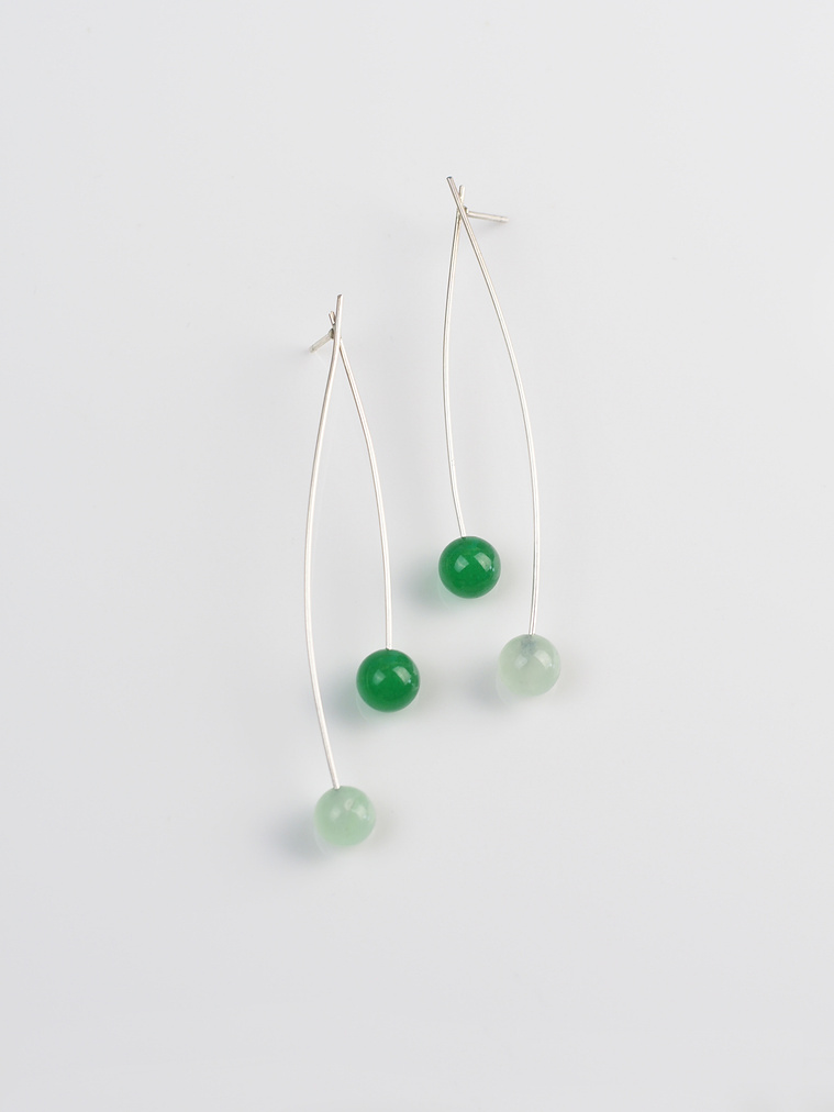 Highlands Sway earrings by contemporary jeweller Diane Allison, HALLISON Studios, Tasmania, online gallery store. Jade gemstone beads on long sterling stems, organic form inspired by the button grass of Central Highlands.
