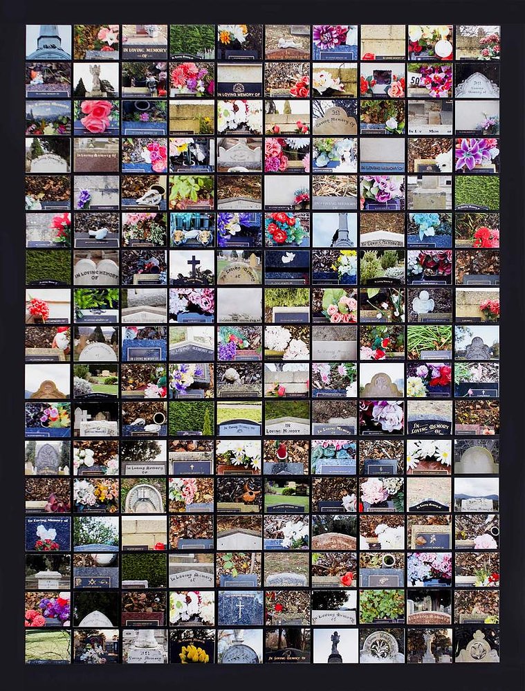 In Loving Memory Of is a large photographic artwork - a  grid  photographic pigment prints of different types of gravestones with the words In Loving Memory Of. This collage is by contemporary visual artist Diane Allison, HALLISON Studios in Tasmania. 