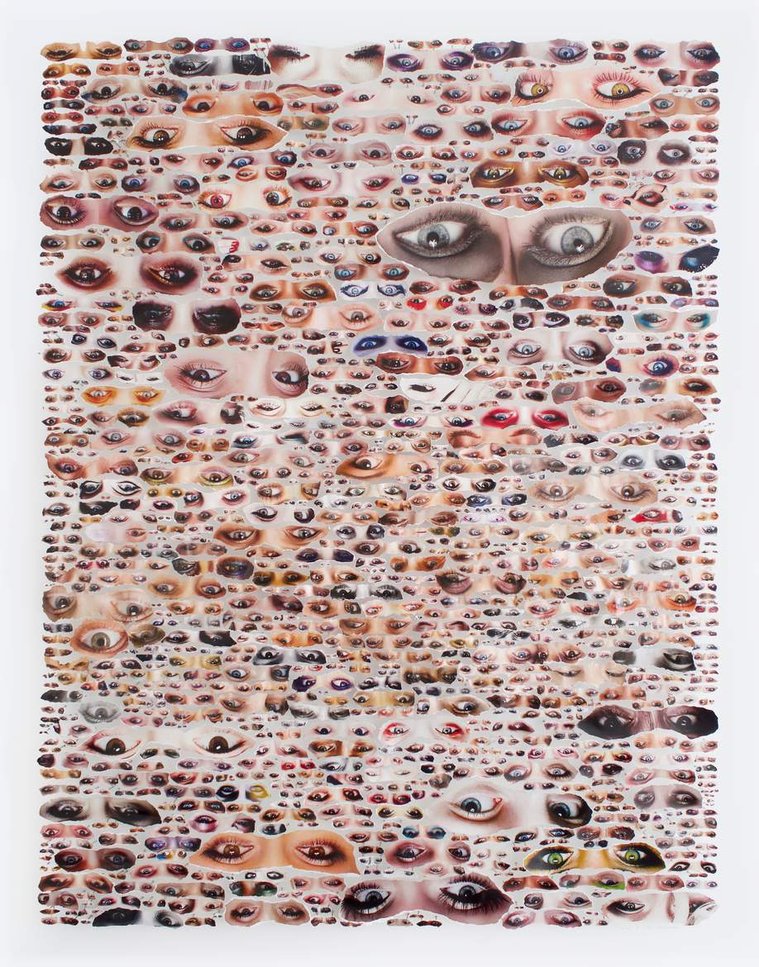 Large collage artwork by Tasmanian contemporary artist Diane Allison of HALLISON Studios featuring dozens of hand torn images of eyes from fashion magazines against a white back ground entitled Glare.