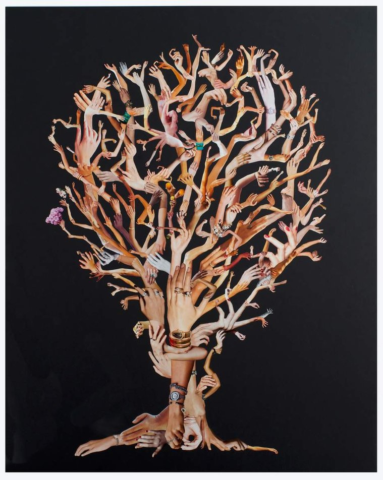 Hand Hold a large contemporary art collage by Tasmanian visual artist Diane Allison of HALLISON Studios, features hands and arms from fashion magazines Vogue, Harpers Bazaar, Elle, Marie Claire, Net-a-Porter, forming a tree on a black background.