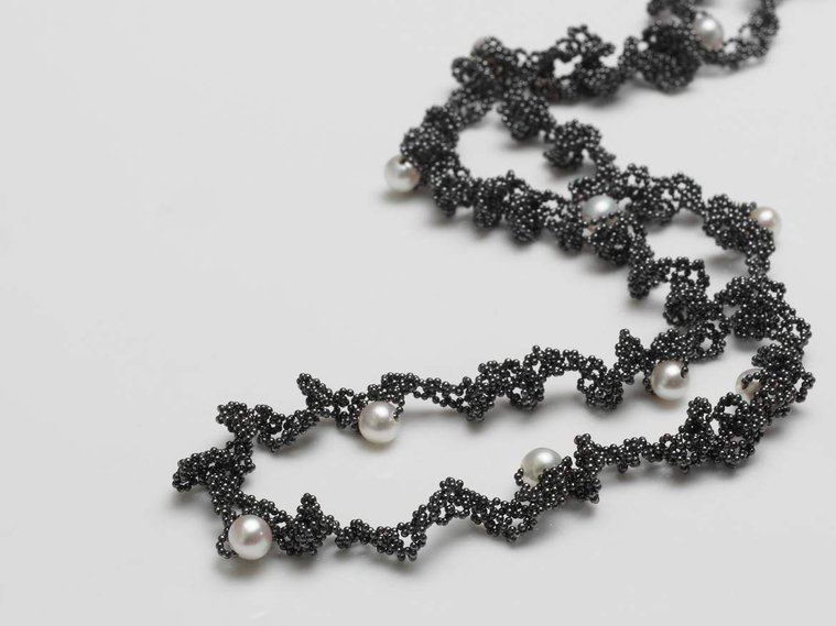 Orbit, Blood Moon and Blue Moon contemporary jewellery by Di Allison, HALLISON Studios, online gallery.Necklaces, bijoux, jewelry inspired by the moon, Lunar eclipse. Pearls and gemstones on oxidised sterling silver like night sky orbit the wearer. 