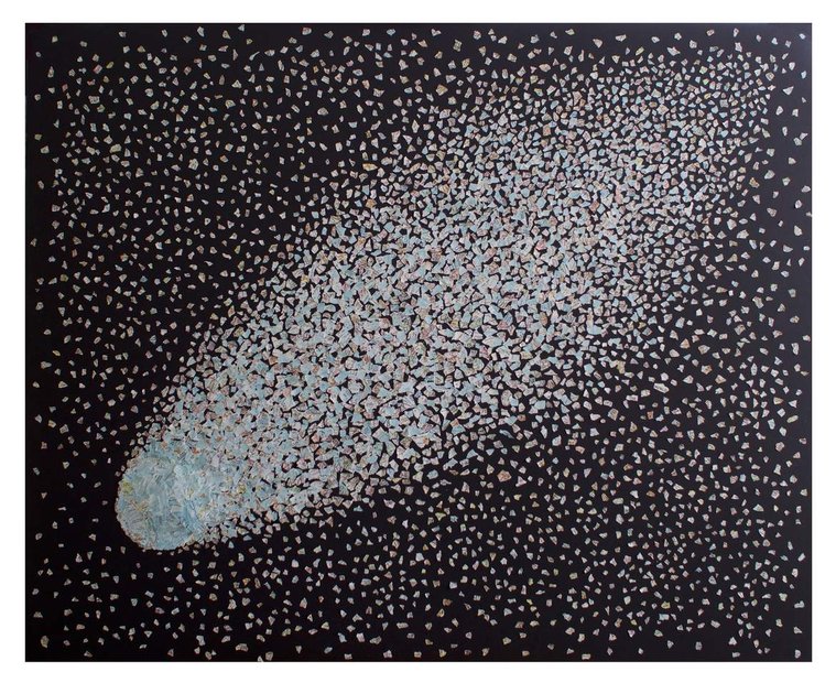 Dust to Dust is a large collage by visual artist Di Allison, HALLISON Studios, Tasmania.  Contemporary art collage featuring a National Geographic magazine world map ripped into small pieces, arranged like a comet in a night sky. 