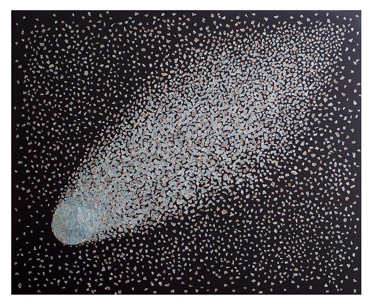 Dust to Dust is a large collage by visual artist Di Allison, HALLISON Studios, Tasmania.  Contemporary art collage featuring a National Geographic magazine world map ripped into small pieces, arranged like a comet in a night sky. 