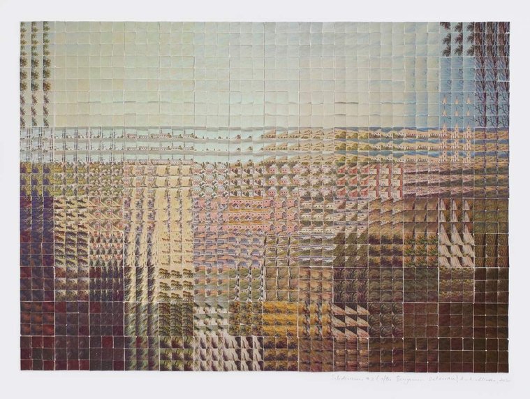 Subdivision #2  collage art by contemporary visual artist Diane Allison, HALLISON Studios, Tasmania/lutruwita. Hand cut squares from vintage TMAG postcards of 1830s nipaluna/Hobart Town colonial painting by Benjamin Duterrau form a large scale postcard.