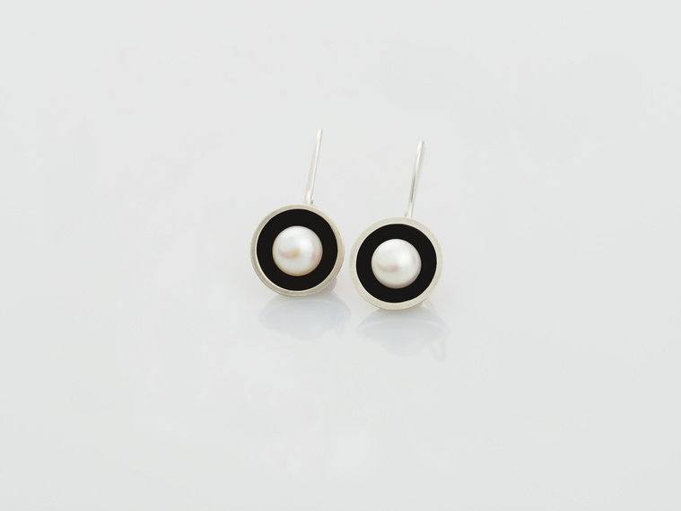 Connect the Dots black enamel earrings by contemporary jeweller Di Allison, HALLISON Studios, online gallery shop, Tasmania. Domed sterling silver, black vitreous enamel, round white freshwater pearl.